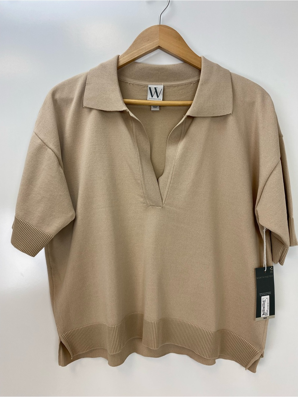 Worthington Taupe Open V-Neck Short Sleeve Knit Polo